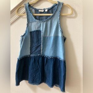 Hinge Cotton Denim Patchwork Peplum Top  Small